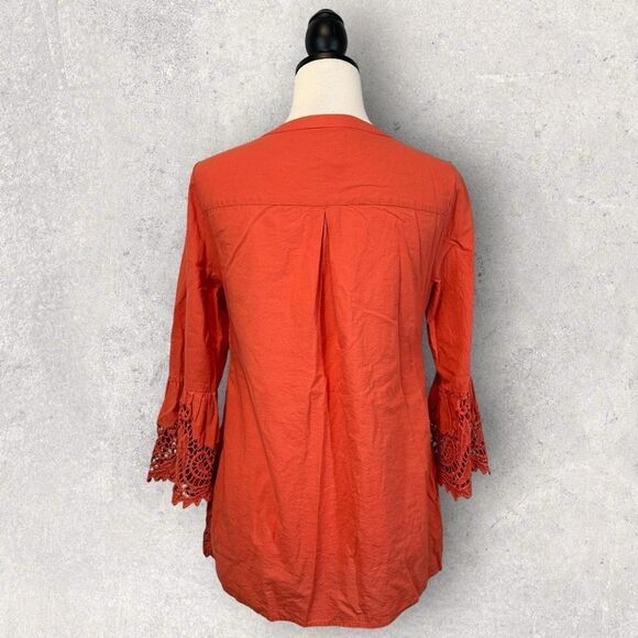 Chico’s Orange Button Up Shirt Lace Accent Bell Sleeve Size 0 US Size 4/6 - Picture 8 of 13
